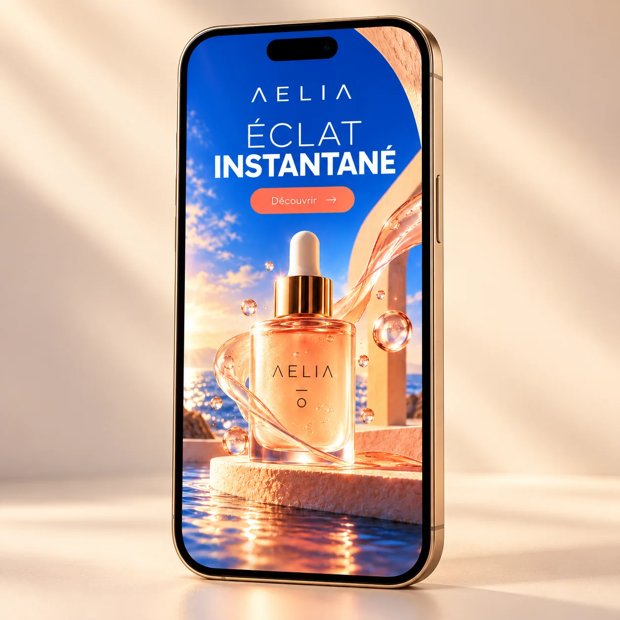 Exemple de publicité statique Aelia : sérum, fond bleu et pêche, accroche Éclat instantané
