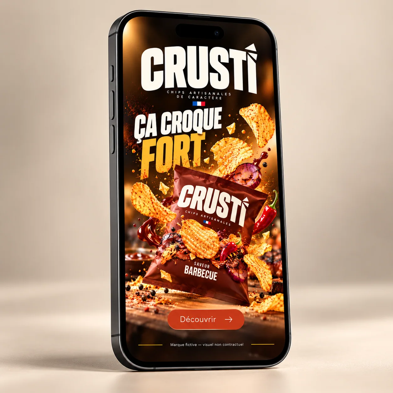 Exemple de publicité statique Crusti : chips barbecue et accroche Ça croque fort