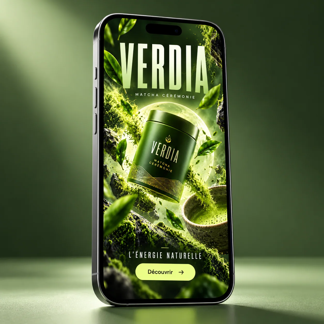 Exemple de publicité statique Verdia : matcha et composition verte autour du produit