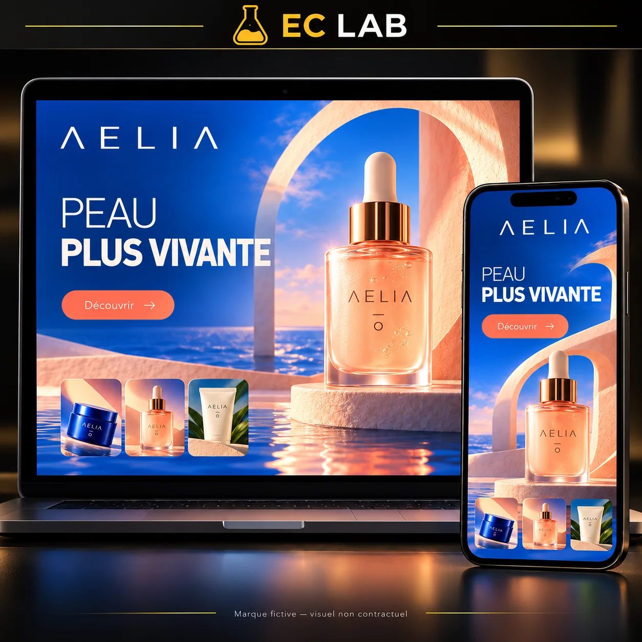 Concept de boutique Aelia, sérum sur fond bleu et pêche, sur ordinateur et mobile