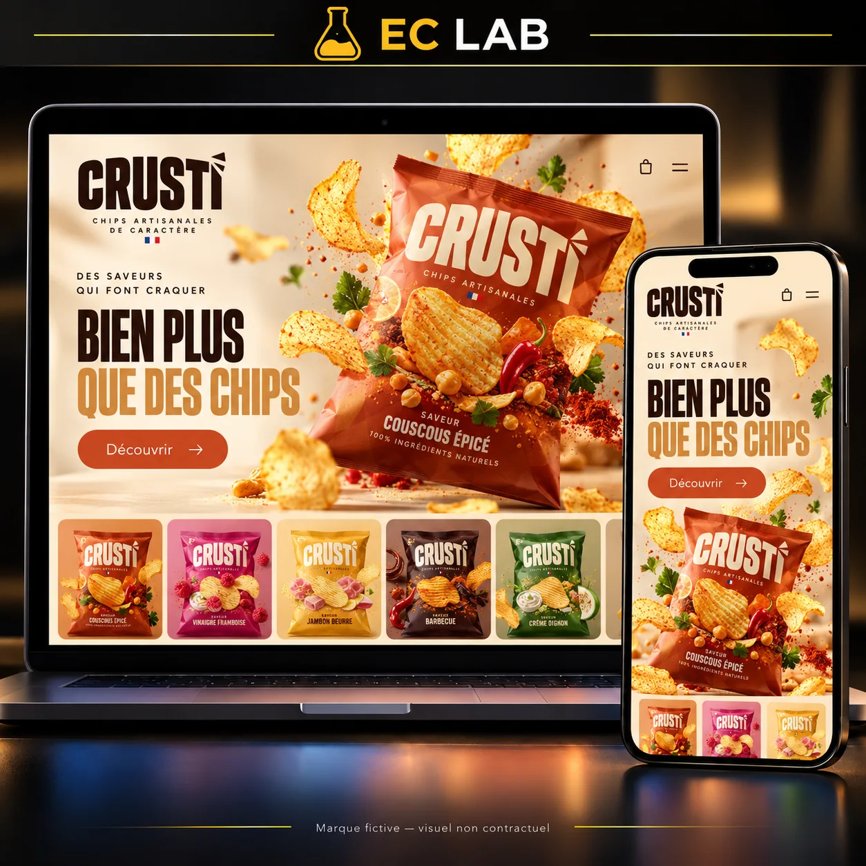 Concept de boutique Crusti présentant plusieurs saveurs de chips sur ordinateur et mobile