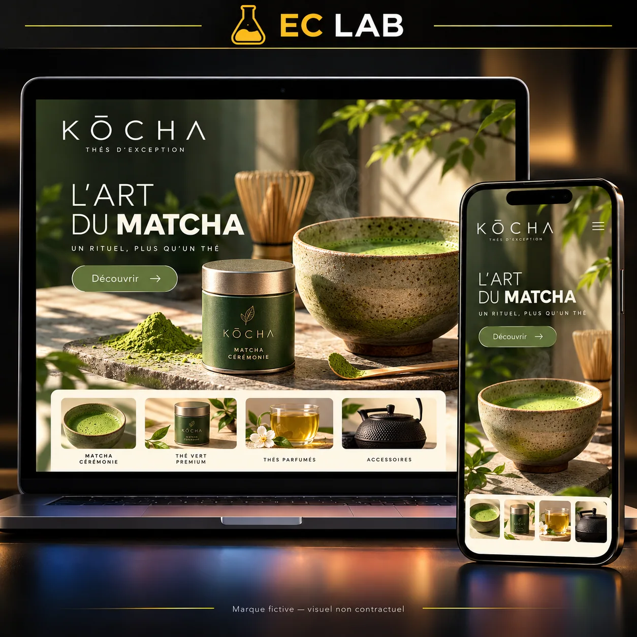 Concept de boutique Kōcha présentant du matcha, des thés et des accessoires sur ordinateur et mobile