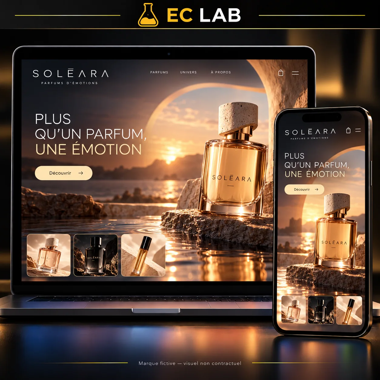Concept de boutique Soléara, parfum dans un décor de coucher de soleil, sur ordinateur et mobile