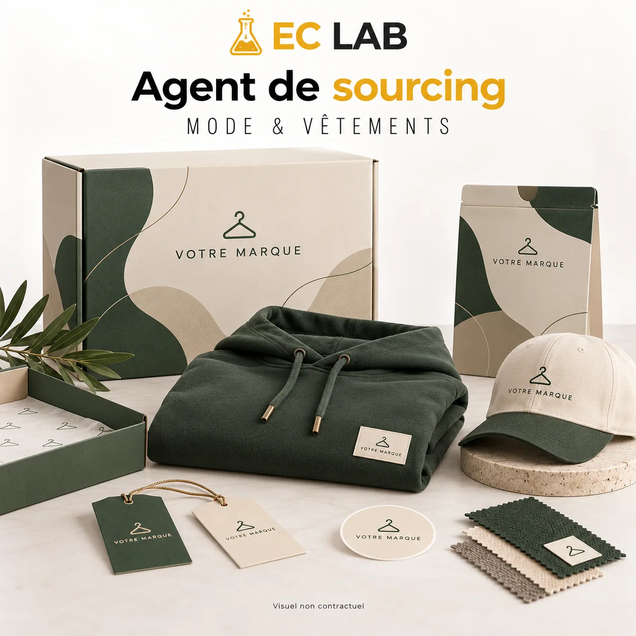 Sweat, casquette et échantillons textiles